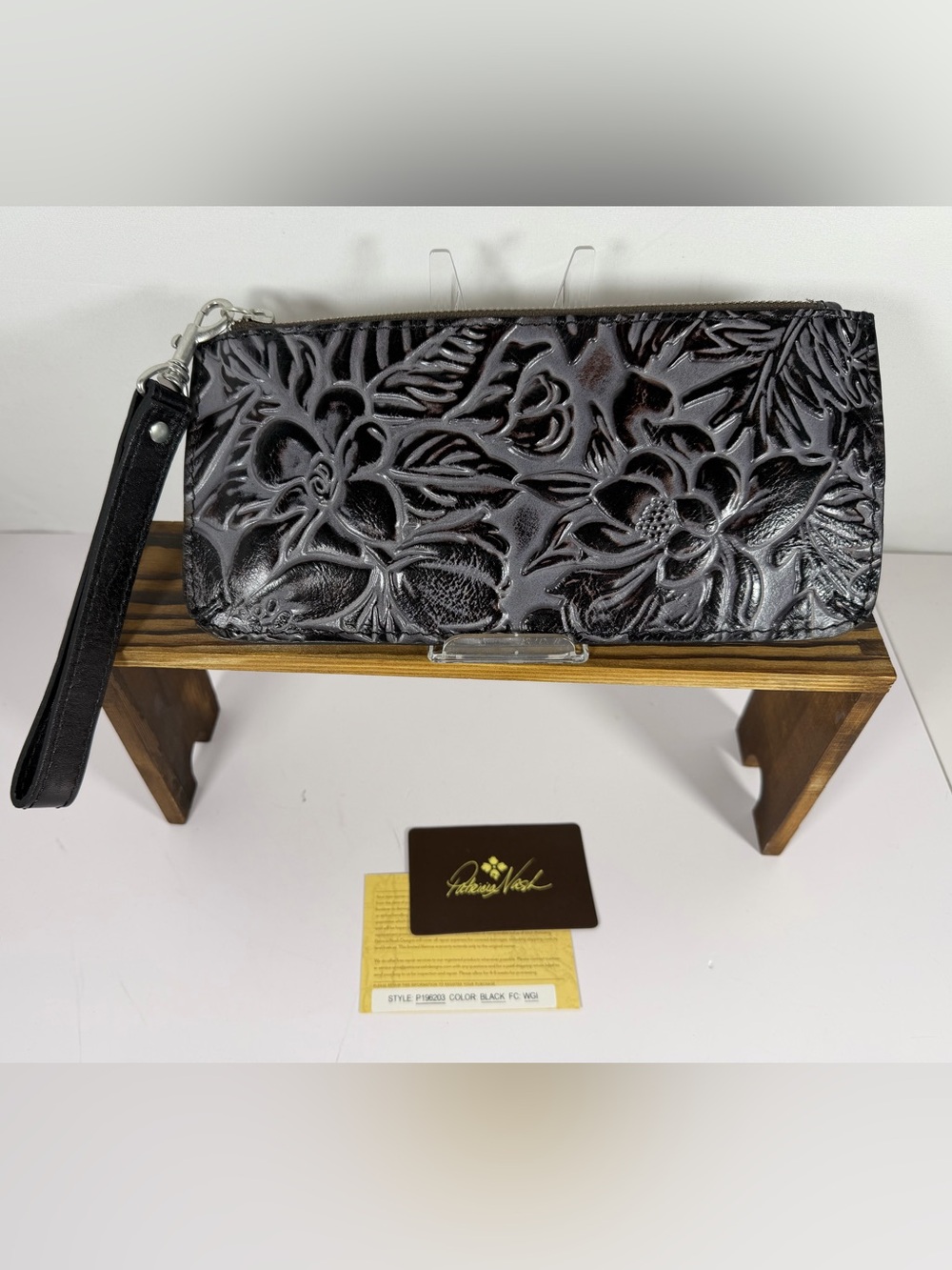 Patricia Nash Black Floral Embossed Leather Wristlet Clutch NWOT